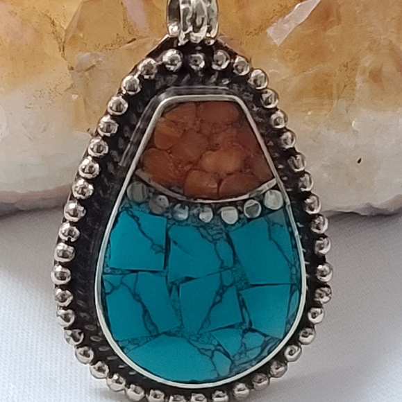Vintage Tibetan Turquoise, spiny oyster Coral Silver Pendant - Picture 2 of 5